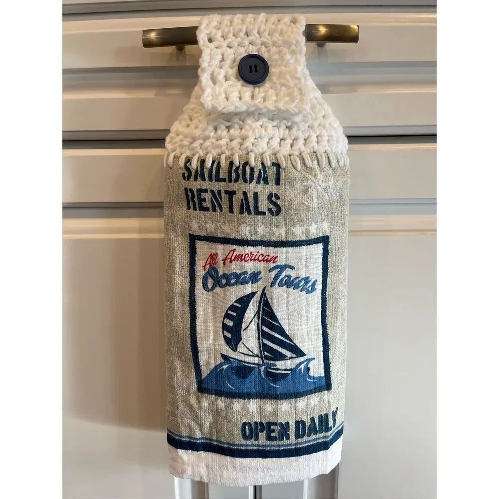 Crochet Top Kitchen Towel- Sailboats Ocean